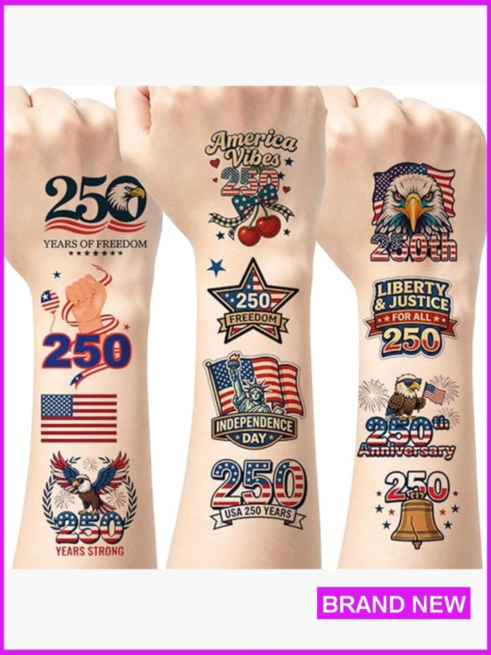 Patriotic Temporary Tattoos 100pc 4th of July USA 1776-2026 Anniversary Party